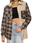 Hotouch Regular Fit Flannel Shacket Women Boyfriend Shirt Long Sleeve Roll Up Button Down Plaid Fall Flannel Tops Khaki, XXL