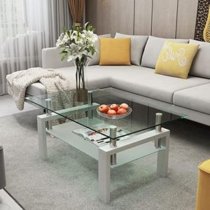 Glass Coffee Table for Living Room, Mordern 2 Layer Sofa Center Tables with Rectangle Tempered Glass Top Metal Leg, Cocktail Table for Home Office Furniture, White