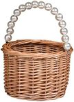 BETAULIFE Wicker Rattan Flower Girl Basket,Pearl Handle Flower Girl Basket,Wedding Flower Girl Basket and Home Decorations.