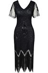 ArtiDeco 1920s Flapper Fringed Sequin Dress Roaring 20s Fancy Dress Gatsby Costume Dress V Neck Vintage Beaded Evening Dress, L /UK 16/EU 44, Black