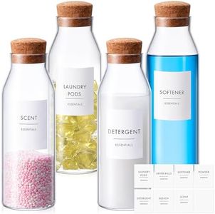 SiliFine 4 Pcs Glass Laundry Detergent Dispenser Waterproof Labels Laundry Room Organization Jars with Airtight Cork Lid Laundry Room Containers for Soap Fabric Softener Bleach (Narrow Style)