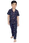 3BROS Unisex Pure Cotton Short Sleeve Kids Night Dress for Boys & Girls Nightwear/Nightdress/Sleepsuit/Loungewear Night Suit for Boys and Girls Top and Pyjama Combo Set (Navy| 9-10 Years)