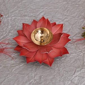 Collectible India Lotus Kuber Diya Puja Oil Lamp - Traditional Lotus Kamal Diya for Diwali - Brass Akhand Diya Jyot Deepak -Home Temple Puja Articles Decor (Red)