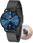 OLEVS Black Elegant Slim Womens Watch for Small Wrists - Blue Face with Date, Fashion Thin, Waterproof Ladies Dress Watch