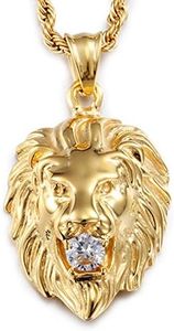 Jewelry Kingdom 1 Stainless Steel Vintage Men's Gold Lion Pendant Necklace White Stone Rope Chain 24"
