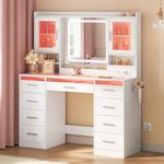 WOLTU Dressing Table with Mirror and RGB Lights, Charging Station, Vanity Desk with 9 Drawers 2 Doors, Transparent Tempered Glass Tabletop Makeup Desk for Bedroom, White