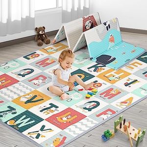 FORUBAR Foldable Baby Play Mat, Waterproof Reversible Playmat for Playpen, Large Kids/Toddlers Non-Slip Foam Floor Rug for Indoor and Outdoor (Ocean & Animal Alphabet, 180 * 200 * 1cm)