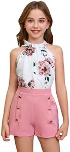 WDIRARA Girl's 2 Piece Outfits Floral Print Tie Neck Halter Top and Shorts Set Multicolored 7Y