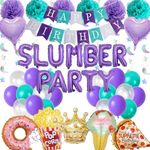 Slumber Birthday Party Supplies for Girls - Purple Paper Pom Poms Glitter Star Garland Popcorn Pizza Foil Balloons Happy Birthday Banner, Girls Night Sleepover Pajama Party Decorations