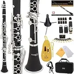Mendini by Cecilio B Flat Beginner Student Clarinet with 2 Barrels, Case, Stand, Pocketbook, Mouthpiece, 10 Reeds, Mouthpiece Brush, Mouthpiece Cushion, Thumb Rest Cushion, and 1-Year Warranty