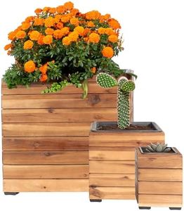 Sunnydaze Indoor/Outdoor Wooden Planter Boxes - 3 Acacia Wood Square Plant Pots with Removable Plastic Liners - Light Brown Stain