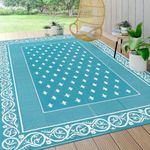 Pauwer Waterproof Outdoor Rug 8x10, Reversible Plastic Straw Patio Camping Rug, Indoor Outdoor RV Mat Carpet for Deck, Camper, Porch, Balcony, Backyard, Picnic, Bordered Teal