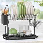 2 Tier Black Dish Drainer Rack with Drip Tray, Stainless Steel Draining Dish drainer with Draining Board and Utensils Holder, Dish Drying Rack for Small Kitchen Countertop