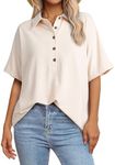 SHEWIN Womens Shirts Casual Collared Short Sleeve Polo Shirt Loose V Neck Ladies Top and Blouse Cute Summer Tops for Women 2025 Fashion Trendy,Apricot, US 20-22(XXL)