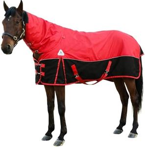 Horse Blankets Winter for Real Horses, 1680D Waterproof Poly Rain Sheets with Neck Cover Belly Wrap Tail Wrap Turnout Blanket, Horses Stuff Care Medium Large Weight Heavy Outdoor Clothes Red Black 75