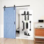 Barn Door Hardware Kit 6FT Heavy Duty Sliding Door Track Kit with Floor Guide and 2 Handles, Smoothly Hardware Kits for Interior and Exterior Fit 34"-36" Wide Door Panel (J Shape Hanger)