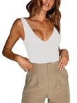 REORIA Women's Summer Sexy Plunge Deep V Neck Sleeveless Double Lined One Piece Tank Tops Thong Bodysuits Leotards for Going Out White Large