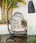 MOJIA Egg Chair with Stand and Oxford Cover, 450lbs Capacity Patio Wicker Hanging Swing Chair Indoor Outdoor with UV Resistant Cushion and Foldable Seat Basket