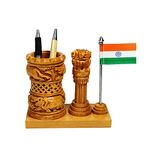 CRAFTAM Wooden Pen Stand Ashok Stambh & Flag for Child Desk, Office Use and Gifts