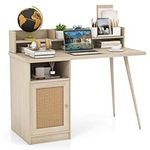 COSTWAY Computer Desk, 120cm Mid Century Writing Study Desk with Hutch, PE Rattan Cabinet and Shelves, Compact PC Laptop Workstation for Home Office (White Oak)