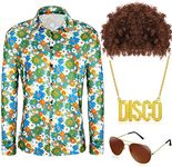 Shihanee 4 Pcs Men 70s Disco Costume Set Floral Dress Shirt Long Sleeve Casual Button Shirts for Party Christmas Prom (XXLarge)