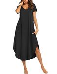 Ekouaer Sleepwear Women's V Neck Sleepshirt Short Sleeve Pajama Dress with Side Split (Black,XL)