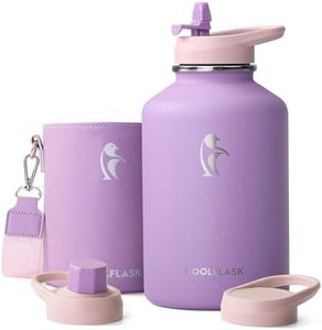 Coolflask 64 oz Water Bottle Insulated with PU Leather Sleeve, Half Gallon Water Bottle Color Contrast with Straw Lids, Stainless Steel Metal Large Jug, Keep Cold 48h Hot 24h