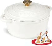 Overmont 26cm/5.2L Enamelled Cast Iron Round Casserole Dish With Lid,5.5QT, Cookbook -Non-stick Dutch Oven for Braising, Stews, Roasting, Bread Baking - Pearl White