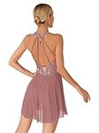 Yeahdor Women's Lyrical Ballet Dance Dress Contemporary Dance Costume Halter Neck Cutout Back Skirted Leotard F0884 Dusty Pink S