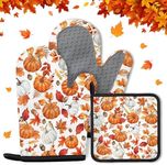 Thanksgiving Pumpkin Oven Mitts and Pot Holders Set for Cooking, Fall Heat Resistant Silicone Oven Mitts Gloves Thanksgiving Kitchen Gift, 3 Pcs Kitchen Cookware for Halloween Thanksgiving Decor