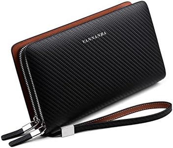 VANNANBA Men Clutch Wallet Large leather clutch bag Business Double Zip Handbag Blue Black, Black, Casual