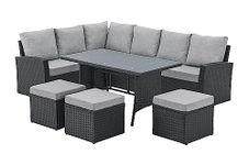 EVRE 9 Seat Marilyn Corner Sofa & Dining Rattan Garden Furniture Set for Indoor Outdoor Patios Gardens Conservatories (Black)