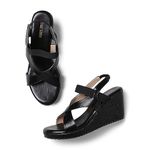 Marc Loire Women's Fashion Open Toe, High Heel, Slip-On Wedge Sandals with Double Straps (Black, numeric_4)