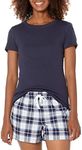 Amazon Essentials Women's Poplin Short and Sleep Tee Set, Plaid/Navy, M