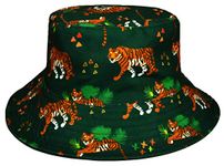 Coreteq Reversible Bucket Hat Summer Beach Fisherman Travel Outdoor Hiking Sun Protection Wide Brim Printed Animal Tiger Green Stylish Cotton Man Round Hats for Men Women Boys Girls Unisex, (Tiger)