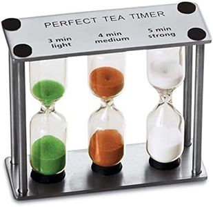 Lily's Home 3-in-1 Perfect Tea Timer, includes 3, 4, and 5 Minute Sand Hourglass Timers, Use for Making Tea or Keeping Time Around The Kitchen, Brushed Stainless Steel Frame (3.75" Tall)