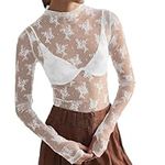 Mesh Sexy Tops for Women Lace Long Sleeve Tops Floral Sheer Blouse See Through Layering Shirts (S, White)