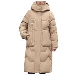 Women's Longer Length Cocoon Puffer Coat,Full Zip Hoodies Stand Collar Jacket,Quilted Padded Coat Winter Outerwear,Khaki#11,Large