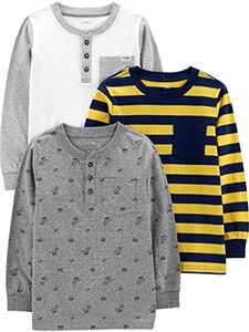 Simple Joys by Carter's Boys' Long-Sleeve Shirts, Pack of 3, Grey Dinosaur/White/Yellow Stripe, 6