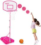 AOKESI Kids Basketball Hoop Stand Adjustable Height Basketball Set 3.5ft-5.5ft, Pink Portable Basketball Goals Indoor Outdoor Play, Toddler Girls Basketball Outside Toys for Kids Age 3 4 5 6 7