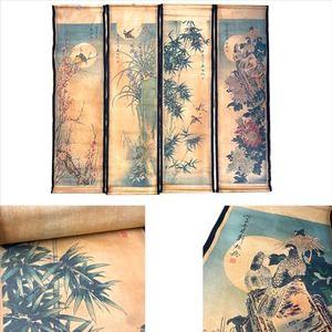 Wall Scroll Hanging Painting Decor, Chinese Traditional Art Set of 4 Vintage Flower Paintings Ancient Painting Replica, Plum Orchid Bamboo Chrysanthemum