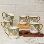 Femora Premium Ceramic Royal Crowned Coffee & Tea Cup Set of 6, 180 ML, Green