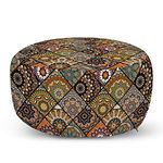 Ambesonne Moroccan Pouf Cover with Zipper, Mexican Ornaments with Abstract Old Fashioned Mandala Checkered, Soft Decorative Fabric Unstuffed Case, 30" W X 17.3" L, Multicolor