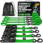 Rhino USA Ratchet Straps Heavy Duty Kit (4-Pack) - 4cm x 2.4m (2,000kg Break Strength) - Ultimate Tie Down Straps with Safety S Hooks for Trucks, ATV, UTV, Motorcycle, Cargo & More - Green
