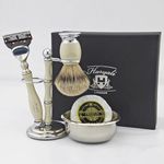 Haryali London Shaving Kit - 5 Pc Shaving Kit - 5 Edge Shaving Razor - Super Badger Shaving Brush - Shaving Stand - Shaving Soap - Shaving Bowl - Ivory Color Shaving Set