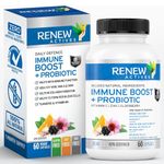 Renew Actives Daily Immune Boost with Probiotic, Turmeric, Zinc, Echinacea. Supports Healthy Immune System, Digestive Health, Antioxidant Protection, Stress Relief, Probiotic for Gut Health, Non-GMO, Gluten-Free, Easy to Swallow, 60 Capsules, Made in Canada