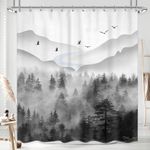 Riyidecor Misty Rainforest Shower Curtain for Bathroom Decor 72Wx72H Dark Black Grey Mens Nature Foggy Woodland Mountain Rustic Scenery Art Printed Fabric Polyester Waterproof 12 Pack Plastic Hooks