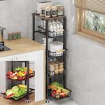 CarolynDesign Metal Wire Baskets with Wheels, Kitchen Storage Stackable Vegetable Fruit Cart Bins with Pull Out Wooden Handel Mat Bottom Sliding Dawers, for Bathroom, Garage and Pantry