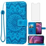 Phone Case for Alcatel 3V 2019 Wallet Cases with Tempered Glass Screen Protector Sunflower Leather Slim Flip Cover Card Holder Stand Cell Accessories Alcatel3V Acatel 3 V V3 19 5032W Women Men Blue