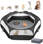 2-in-1 Small Animals Playpen with Pad, Waterproof Small Pet Cage Tent with Reusable Pad, Portable Outdoor Yard Fence with 3 Metal Rod for Chick/Kitten/Puppy/Guinea Pig/Rabbits/Chinchillas, Black